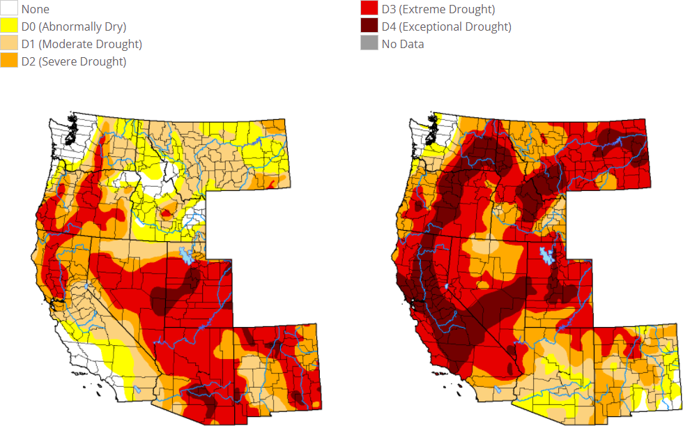 Drought Map of the Western US, October 2020(left) and October 2021 (right).